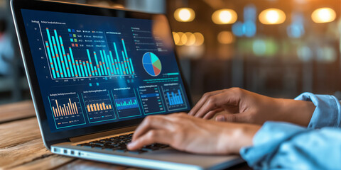 Poster - Businesswoman analyzing financial data on laptop with interactive charts