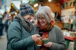 © YURIMA - At a festive market, two women are happily spending time together, laughing and sipping hot drinks in winter. They are celebrating their friendship and creating a warm and joyous atmosphere