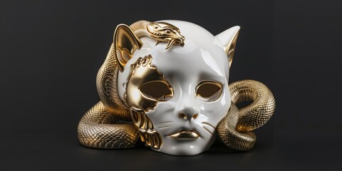 Wall Mural - sculpture of a majestic face of a cat in all white ceramic, with shiny gold touches, neat and balanc
