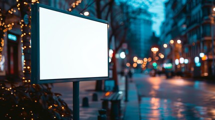 A blank billboard stands on a city street at night illuminated by the warm glow of streetlights