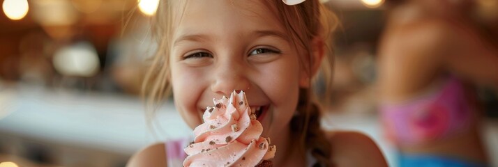 A young girl with blonde hair smiles while eating a pink and brown swirl dessert