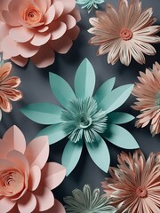 Wall Mural - 3D render, horizontal floral pattern with cut paper flowers in pastel colors, botanical design