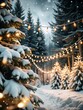 © hobonski - Magical Christmas Eve in Snowy Forest. A captivating scene of a snow-covered forest bathed in the warm glow of Christmas lights, creating a magical and festive atmosphere.