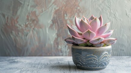 Poster - Pink potted succulent on gray concrete with copy space, side view