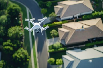 White Drone Flying Over Residential Neighborhood During Daytime