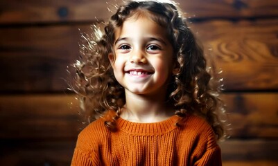 Wall Mural - Portrait of a beautiful little girl with long curly hair in a warm orange sweater on a wooden background