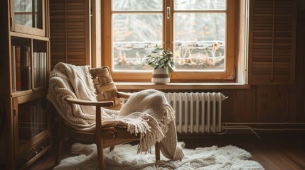 Poster - Cozy armchair with soft blanket by window in wooden-framed, shuttered lounge. Scandinavian-style slow living at home.