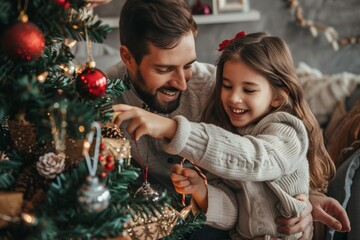 A father and his daughter are joyfully decorating a Christmas tree together in a cozy living room, creating cherished memories and celebrating the festive season with love and warmth