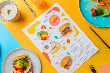 Colorful Restaurant Menu With Burgers, Appetizers, and Beverages on Yellow Tabletop