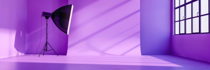 Wall Mural - a single studio light stands on a tripod in a purple studio space with a large window casting soft s
