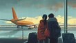 © Darya - A couple stands by a large window at an airport, watching a plane take off as it rains outside. They are facing away from the viewer, with the man placing his arm around the woman's shoulders