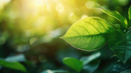 Poster - Green leaf in sunlit garden, eco-friendly background concept.