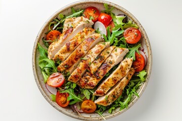 Poster - Chicken fillet with salad. Healthy food, keto diet, diet lunch concept. Top view on white background - generative ai