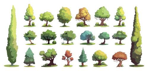 Sticker - Parkland Trees Icons Set Simple Vector Cartoon Style White Background Lush Foliage Urban Greenery Scenic Park Trees Nature Illustrations Graphic Design Elements Landscaping Icons