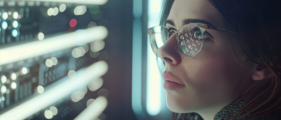 Wall Mural - a focused woman analyzing data reflected on her glasses, surrounded by futuristic glowing control pa