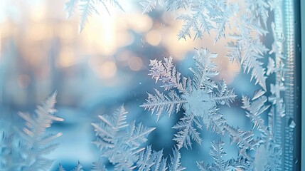 Poster - Lace-like frost patterns on window in translucent hues of blue and silver