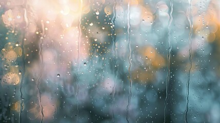 Wall Mural - Misty raindrops on windowpane refracting soft morning light tranquil background