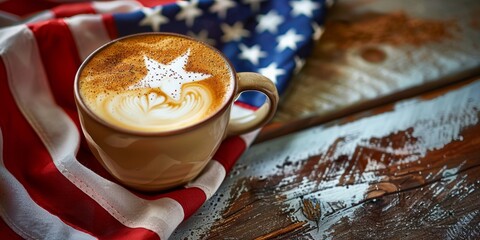 Wall Mural - capturing a close-up of a cup of coffee with a frothy star (using latte art), placed next to an American flag on an office breakfast table, Independence Day, Memorial Day, office