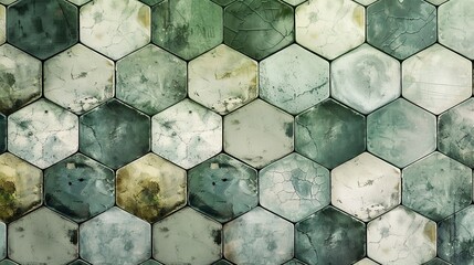 Wall Mural - Unique retro background with hexagonal patterns green and gray tones and ceramic tiles