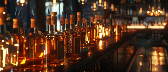 Aufkleber - Warm lighting illuminates rows of whiskey bottles on a wooden bar counter, creating an inviting and cozy atmosphere inside a well-stocked bar.