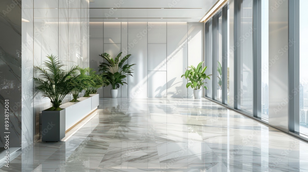 Modern interior of luxury office hall, clean marble floor and plants in ...