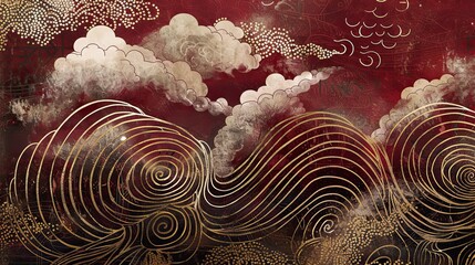 Wall Mural - Crimson and ivory backdrop with fine patterns and subtle golden highlights