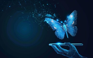 Wall Mural - In a futuristic low poly wireframe illustration, a digital butterfly flies out of a tablet computer. A businessman holds the device and taps on the screen. Technology evolution and innovation