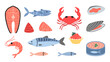 © WinWinFolly - Seafood set, Marine animal like salmon, tuna, shrimp, crab and mussel. Fresh fish, canned food, meat and steaks. Trendy vector illustration isolated on white, hand drawn, flat design