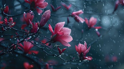 Wall Mural - Dark pink magnolia flowers blooming with rain droplets on tree branches in spring