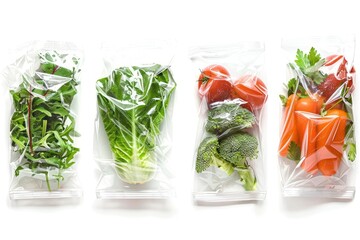 Poster - Collage of fresh food in plastic wrap on white background - generative ai