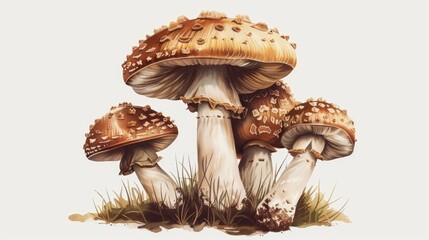 Artistic illustration of a group of vibrant red-capped mushrooms growing in the wild. Set against a green field with grass and small rocks, it conveys a sense of serene outdoor exploration.