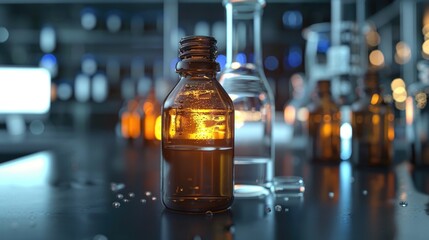 Wall Mural - glycolic acid solution in dark glass bottle for skincare research in chemistry lab