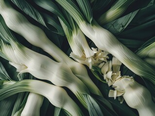 Wall Mural - Close-up of freshly harvested bulb onions and stalk of garlic with leaves, displayed in a pile for sale.