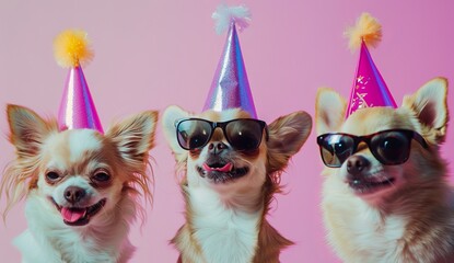 chihuahua dog wearing colorful Hat and sunglasses Isolated on pastel background