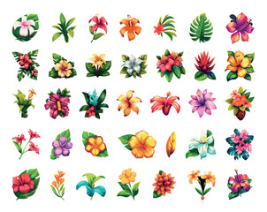 Wall Mural - Tropical Flowers Icon Set Simple Vector Cartoon Style White Background Exotic Blooms Floral Illustrations Vibrant Botanical Graphic Design Elements