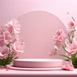 © dsimon - podio rosado 3D primavera con rosas primaverales con fondo de color rosa