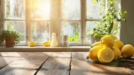 Wall Mural - Lemons on a wooden table in a bright summer kitchen with empty space