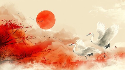 Wall Mural - Modern Chinese cloud with Japanese pattern. Oriental decoration with Crane birds element for flyers, banners or presentations. Watercolor texture with geometric icons.