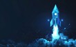 © VIK - An abstract rocket launch. A digital spaceship is flying into outer space. A business development concept is being reinforced. A wireframe modern illustration is shown on a techno blue background