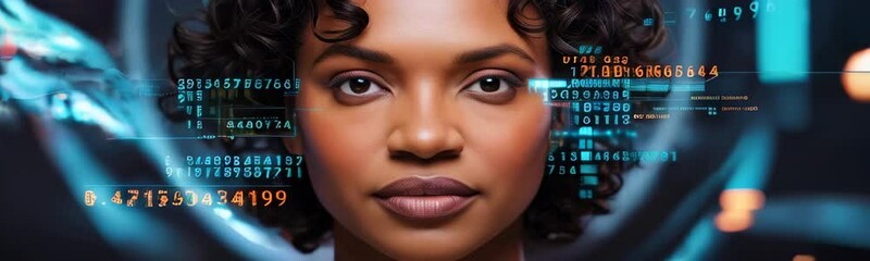 Portrait of african american woman with system codes animation in background. facial recognition concept. Copy space template web site banner