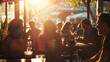 © VK Studio - A group of friends enjoying an evening at an outdoor café, bathed in golden sunset light that creates a warm and welcoming atmosphere.