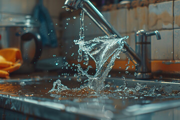 Wall Mural - A sink is filled with water and a faucet is dripping.