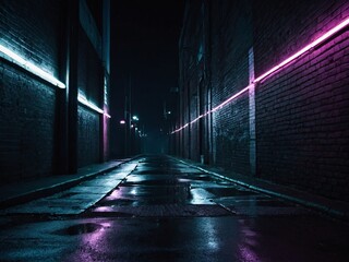 Wall Mural - A cyber alleyway Empty background scene. Dark pavement reflections, neon haze, urban night view - high contrast