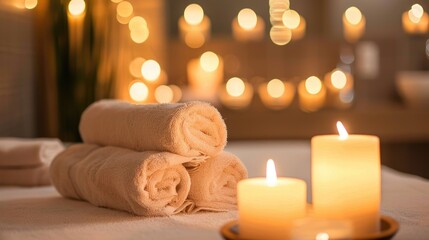 Canvas Print - Aromatherapy candles and towels in spa treatment room