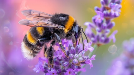 Bumblebee gathering pollen from a lavender flower on a sunny day, with vibrant purple bloom against a green garden backdrop.