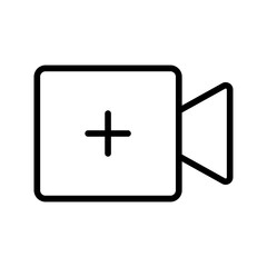 Poster - Add new video icon , Camera video icon plus symbol ; create media, meeting room icons ; add video streaming icon or upload movie sign - video camera plus icon
