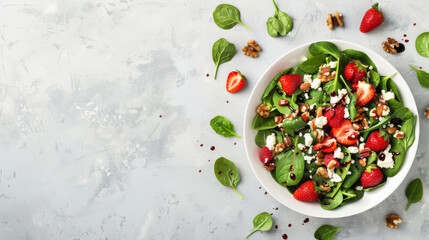 Canvas Print - A vibrant salad with fresh spinach, strawberries, nuts, and feta cheese beautifully arranged on a light background.