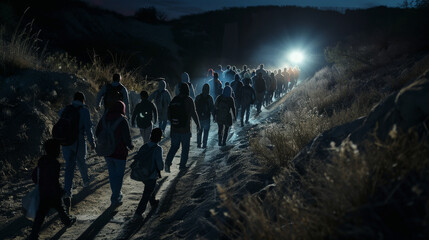 A group of people walks along a desolate dirt path at night, guided by a single bright light in the distance.