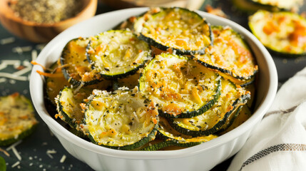 Canvas Print - A bowl of crispy baked zucchini slices sprinkled with cheese and herbs, creating a delicious and healthy snack option.