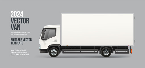 Modern Delivery Truck Side view blank mockup. White Cargo Van with space for text or your branding design - realistic editable vector template. Horizontal blank for banner and advertesment